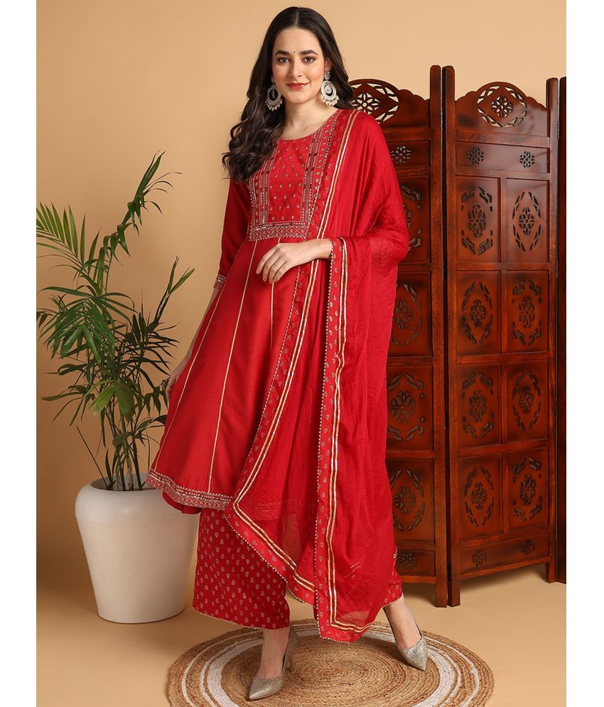     			Vaamsi Silk Blend Embroidered Kurti With Palazzo Women's Stitched Salwar Suit - Red ( Pack of 1 )