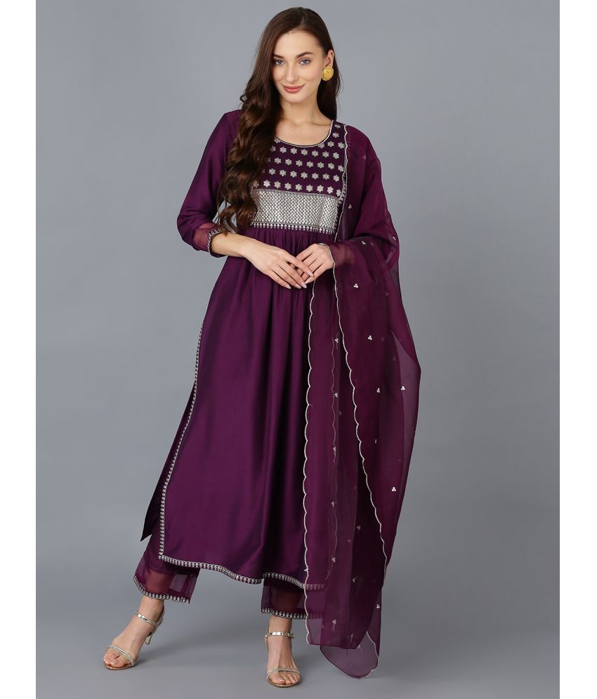     			Vaamsi Silk Blend Embroidered Kurti With Pants Women's Stitched Salwar Suit - Purple ( Pack of 1 )