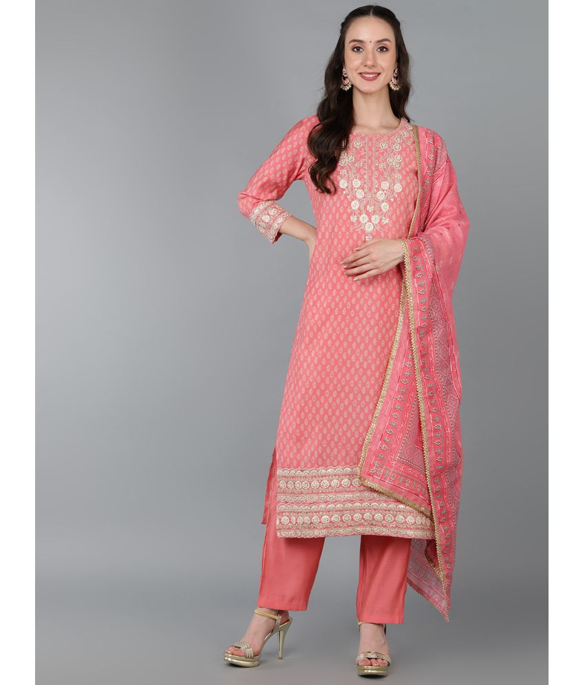     			Vaamsi Silk Blend Embroidered Kurti With Pants Women's Stitched Salwar Suit - Peach ( Pack of 1 )