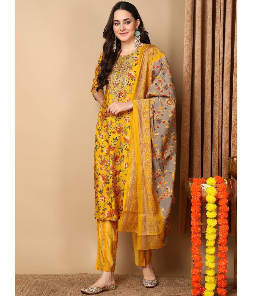     			Vaamsi Silk Blend Printed Kurti With Pants Women's Stitched Salwar Suit - Yellow ( Pack of 1 )