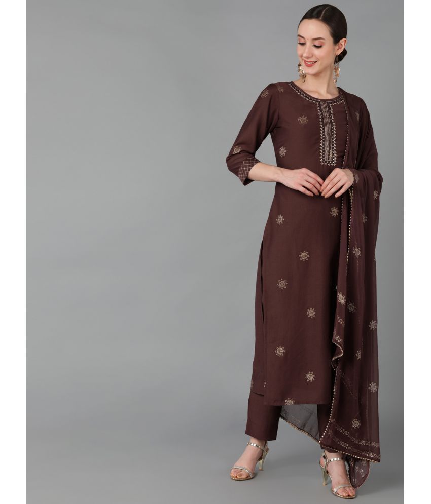     			Vaamsi Silk Blend Self Design Kurti With Pants Women's Stitched Salwar Suit - Brown ( Pack of 1 )