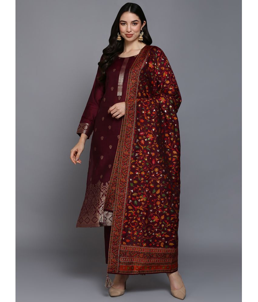     			Vaamsi Silk Blend Self Design Kurti With Pants Women's Stitched Salwar Suit - Burgundy ( Pack of 1 )