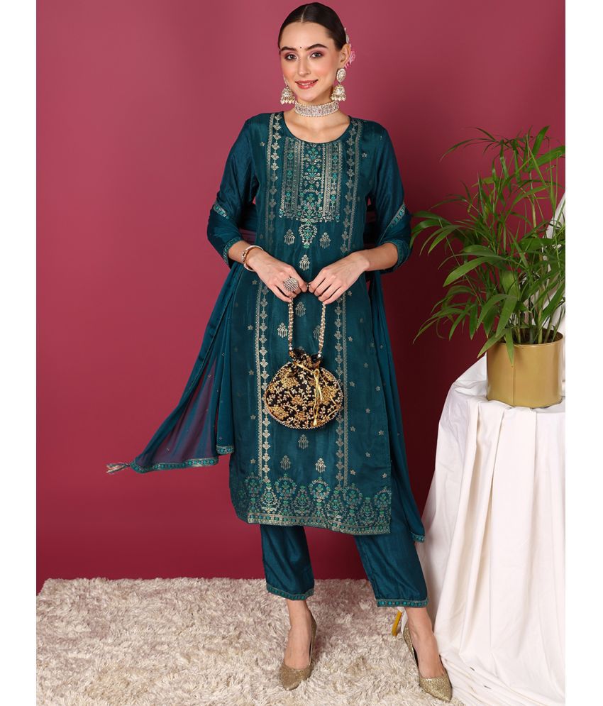     			Vaamsi Silk Blend Self Design Kurti With Pants Women's Stitched Salwar Suit - Teal ( Pack of 1 )
