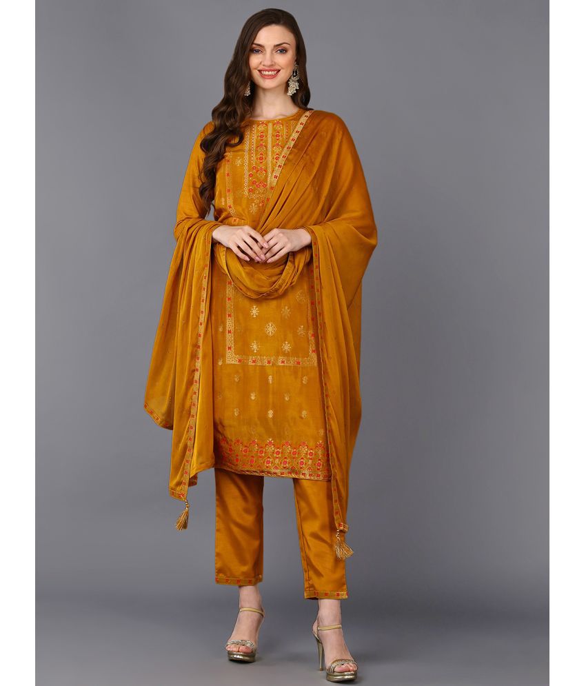     			Vaamsi Silk Blend Self Design Kurti With Pants Women's Stitched Salwar Suit - Mustard ( Pack of 1 )