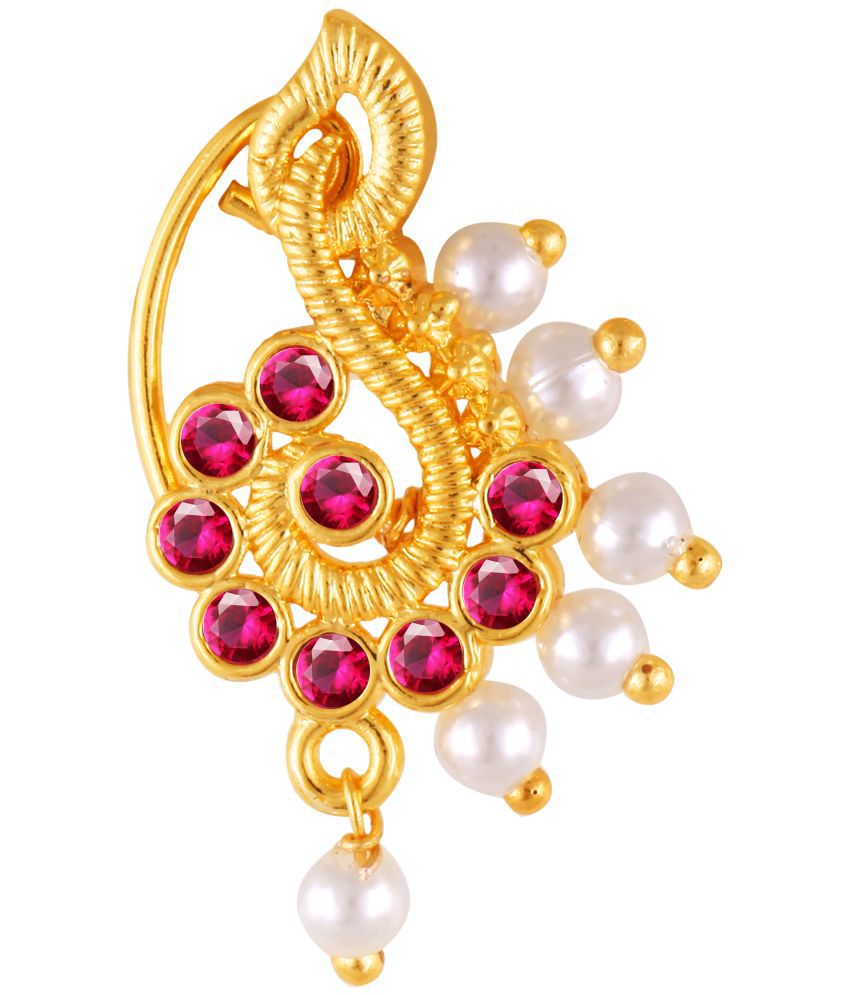     			Vivastri Premium Gold Plated Nath Collection  With Beautiful & Luxurious Red Diamond Pearl Studded Maharashtraian  Nath For Women & Girls-VIVA1155NTH-Press