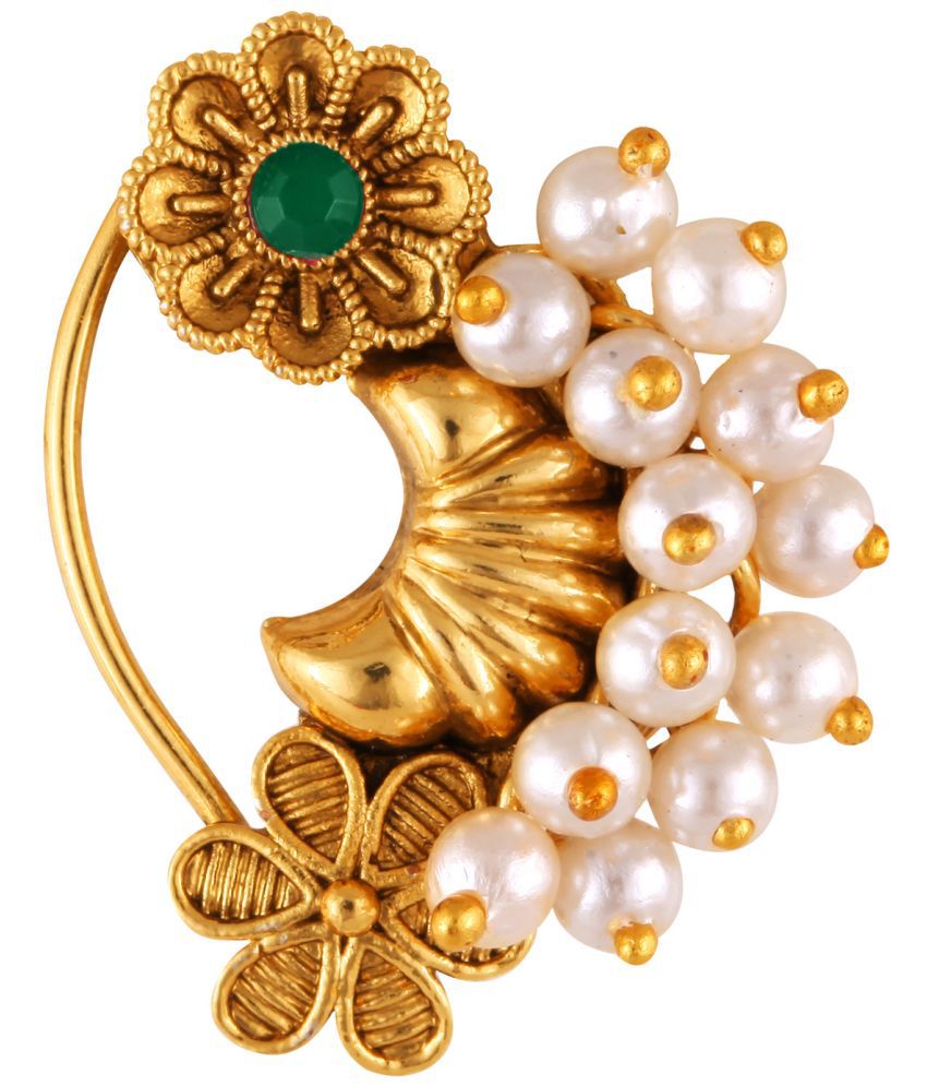     			Vivastri Premium Gold Plated Nath Collection  With Beautiful & Luxurious Green Diamond Pearl Studded Maharashtraian Nath For Women & Girls-VIVA1179NTH-Press-Green