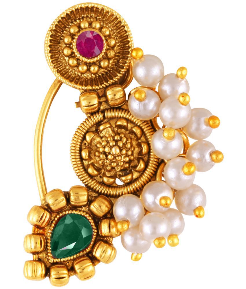     			Vivastri Premium Gold Plated Nath Collection  With Beautiful & Luxurious Multi Diamond Pearl Studded Maharashtraian Nath For Women & Girls-VIVA1168NTH-Press-Multi