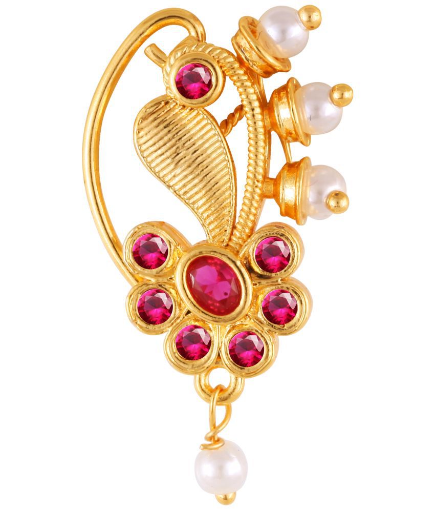     			Vivastri Premium Gold Plated Nath Collection  With Beautiful & Luxurious Red Diamond Pearl Studded Maharashtraian  Nath For Women & Girls-VIVA1152NTH-Press