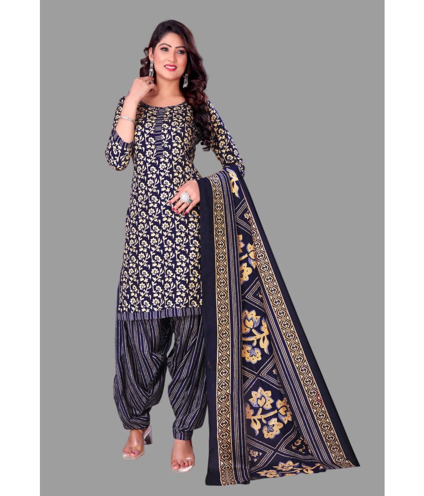     			WOW ETHNIC Unstitched Cotton Blend Printed Dress Material - Navy Blue ( Pack of 1 )