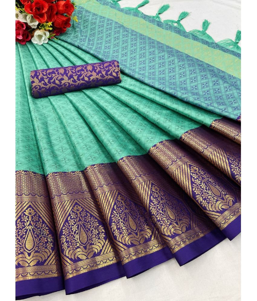     			A TO Z CART Cotton Silk Embellished Saree With Blouse Piece - Blue ( Pack of 1 )