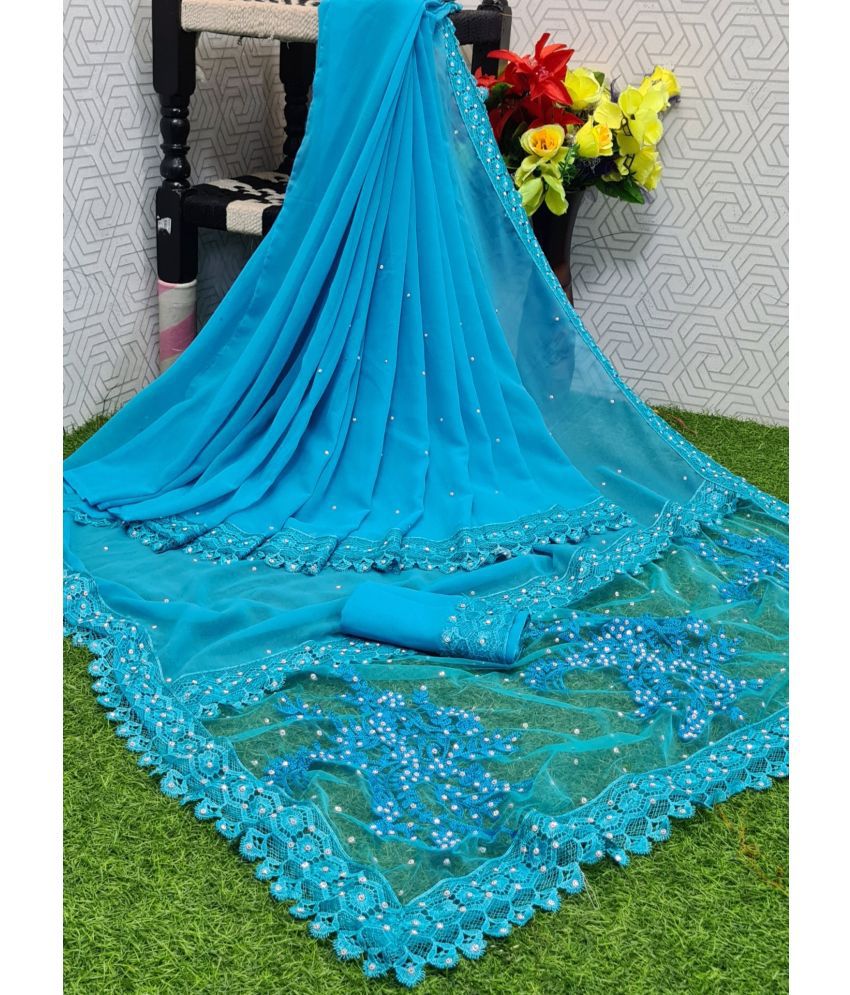     			A TO Z CART Georgette Embellished Saree With Blouse Piece - SkyBlue ( Pack of 1 )