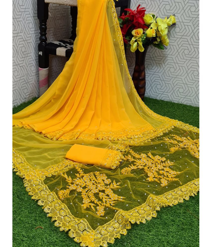     			A TO Z CART Georgette Embellished Saree With Blouse Piece - Yellow ( Pack of 1 )