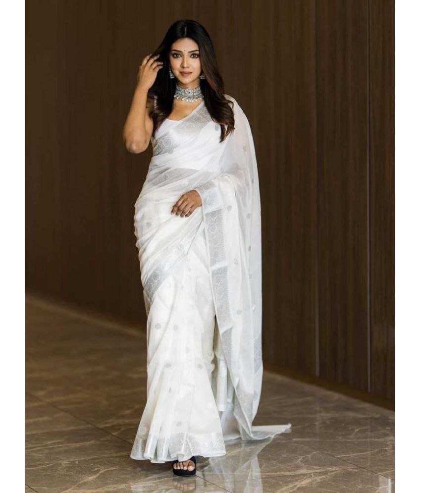    			A TO Z CART Jacquard Embellished Saree With Blouse Piece - White ( Pack of 1 )