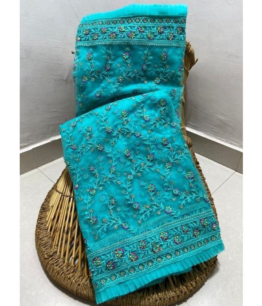     			A TO Z CART Net Embellished Saree With Blouse Piece - SkyBlue ( Pack of 1 )