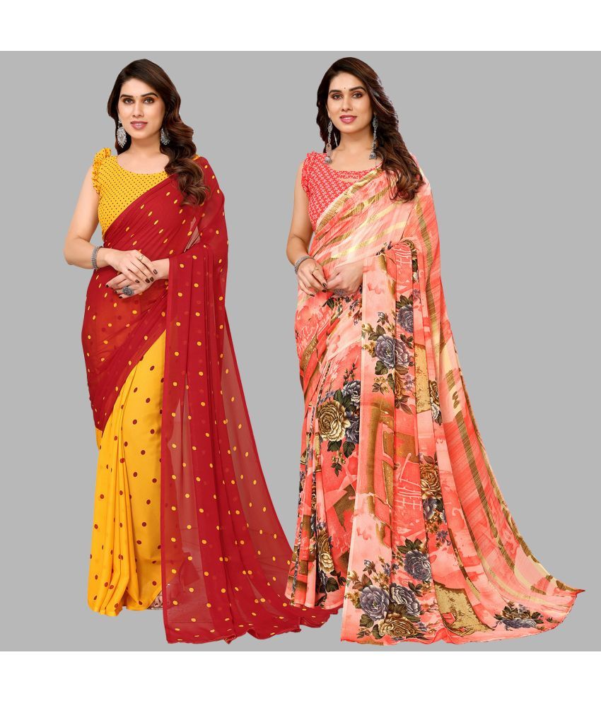     			Kashvi Sarees Georgette Printed Saree With Blouse Piece - Multicolor ( Pack of 2 )