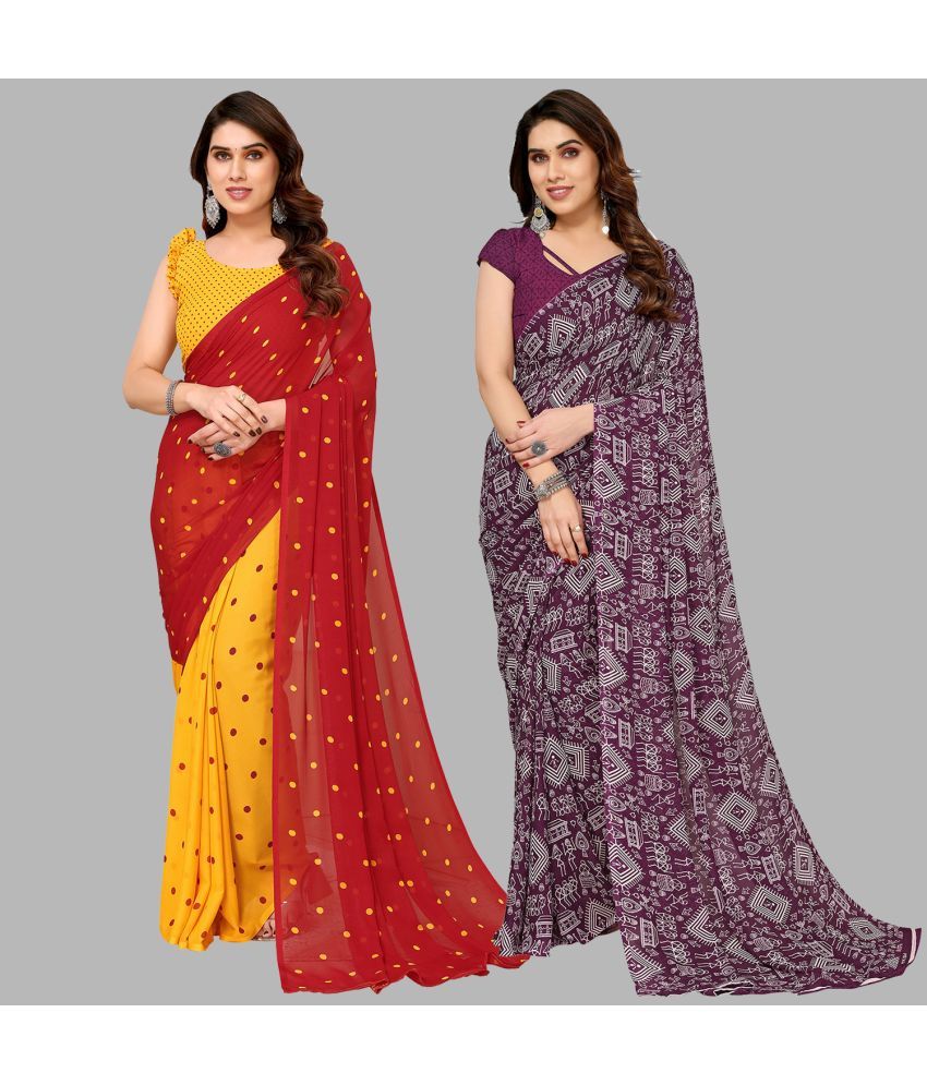     			Kashvi Sarees Georgette Printed Saree With Blouse Piece - Multicolor ( Pack of 2 )