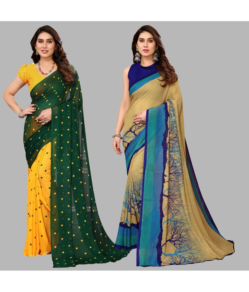     			Kashvi Sarees Georgette Printed Saree With Blouse Piece - Multicolor ( Pack of 2 )