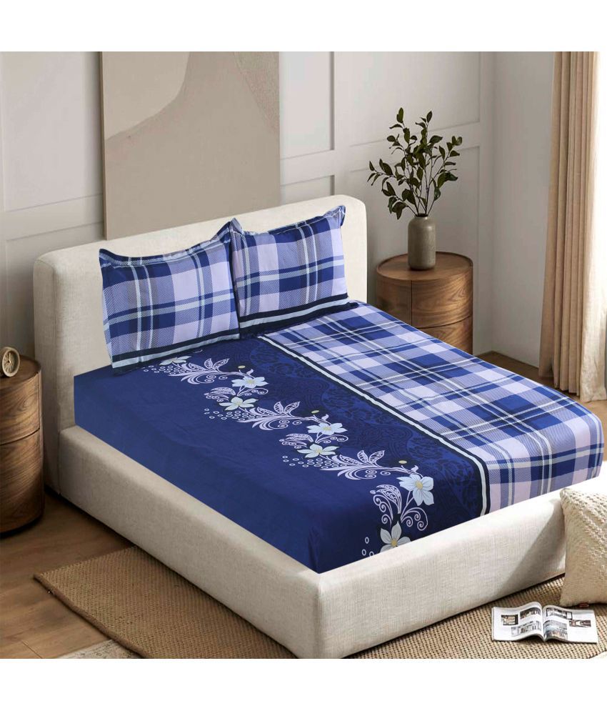     			Valtellina Cotton Floral 1 Double Bedsheet with 2 Pillow Covers - Dark Blue