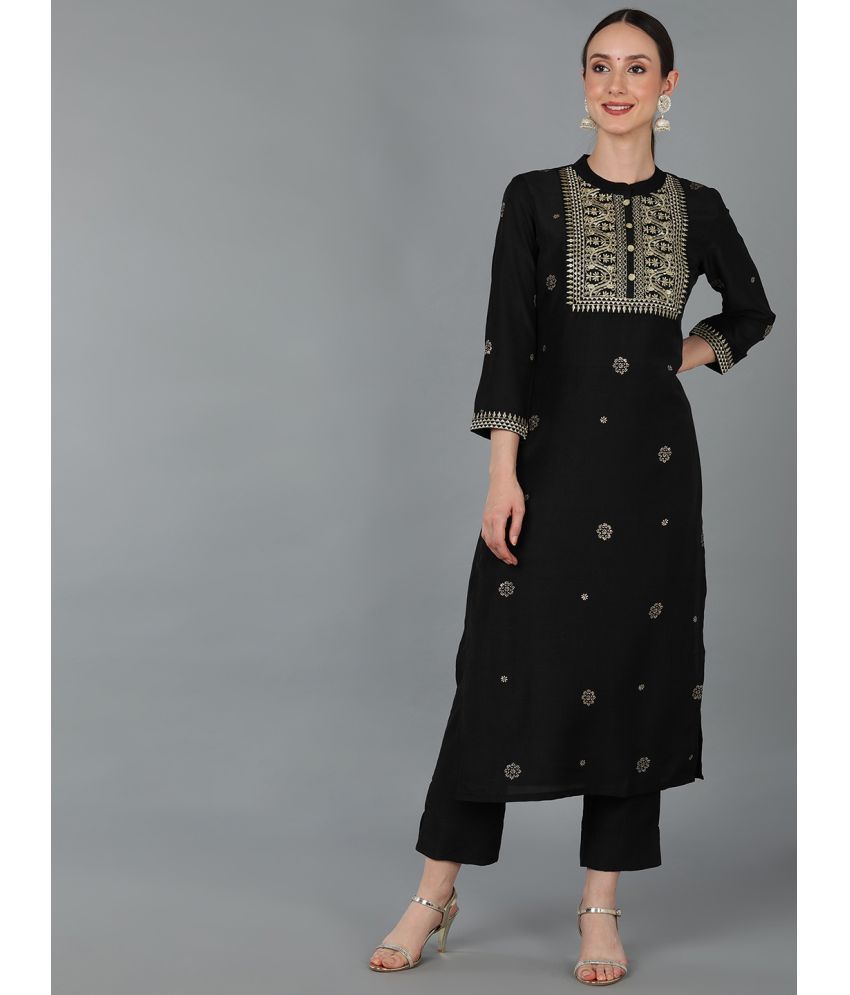     			Vaamsi Silk Blend Embroidered Straight Women's Kurti - Black ( Pack of 1 )