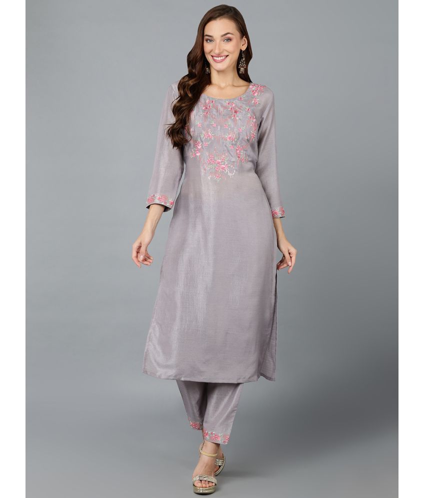     			Vaamsi Silk Blend Embroidered Straight Women's Kurti - Grey ( Pack of 1 )