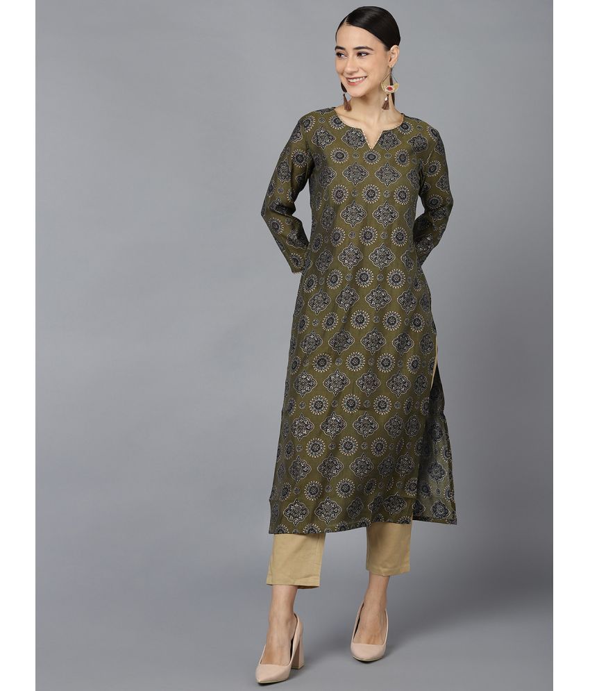     			Vaamsi Silk Printed Straight Women's Kurti - Olive ( Pack of 1 )