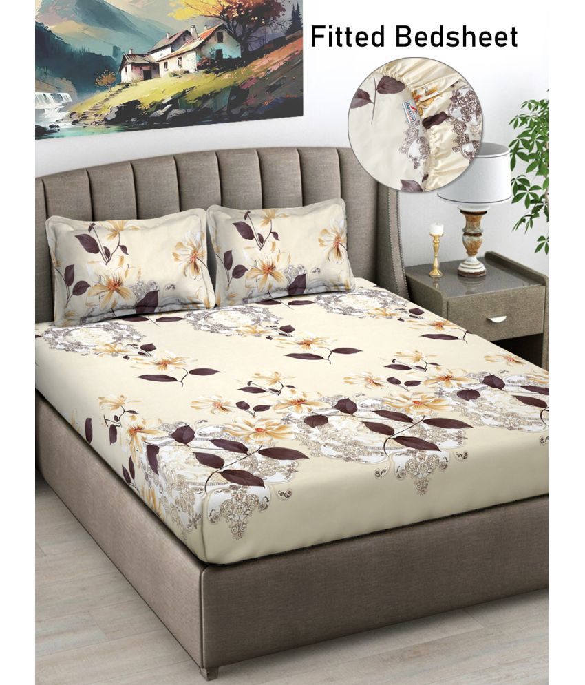     			FABINALIV Poly Cotton Floral Fitted Fitted bedsheet with 2 Pillow Covers ( Double Bed ) - Cream