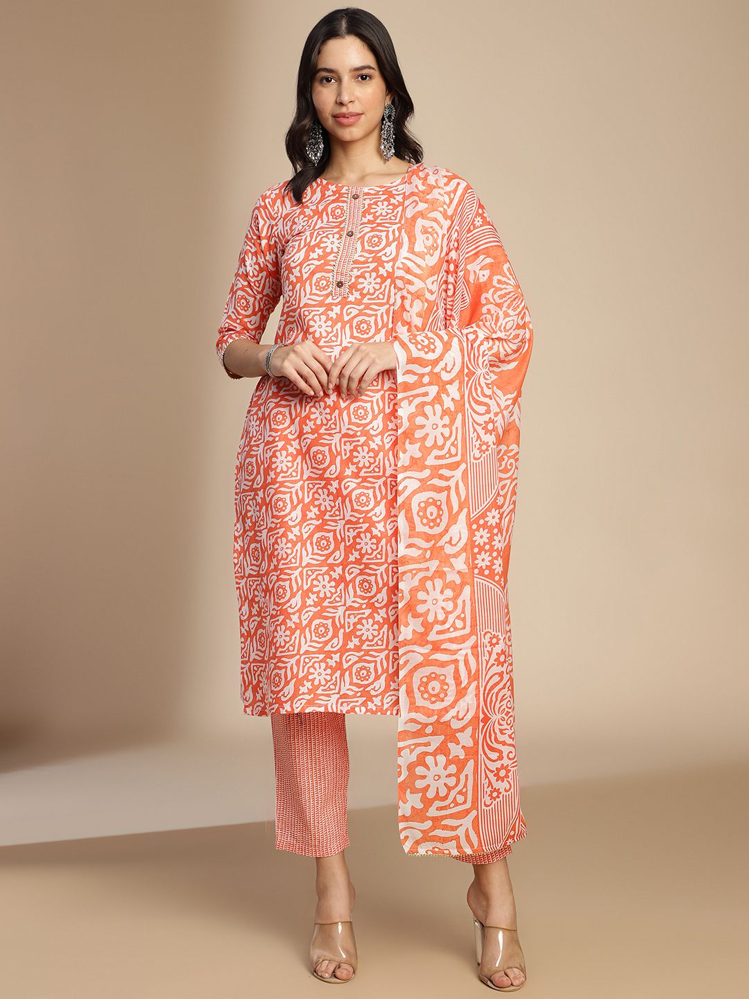     			Hritika Cotton Blend Printed Kurti With Pants Women's Stitched Salwar Suit - Orange ( Pack of 1 )