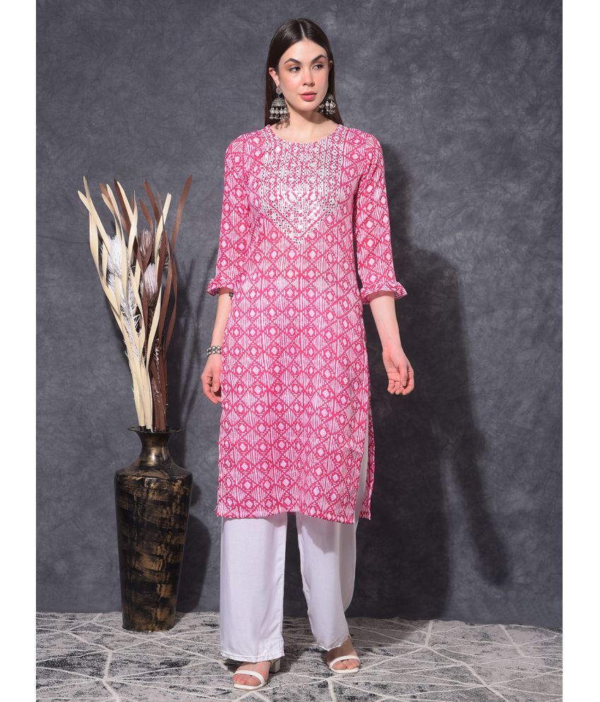     			Mamoose Cotton Blend Printed Straight Women's Kurti - Pink ( Pack of 1 )