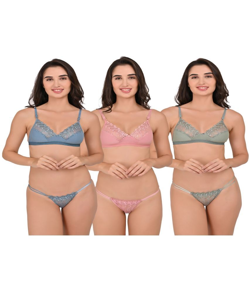     			Piylu Pack of 3 Cotton Blend Women's Bra & Panty Set ( Multicolor ) Aarvi-CB3