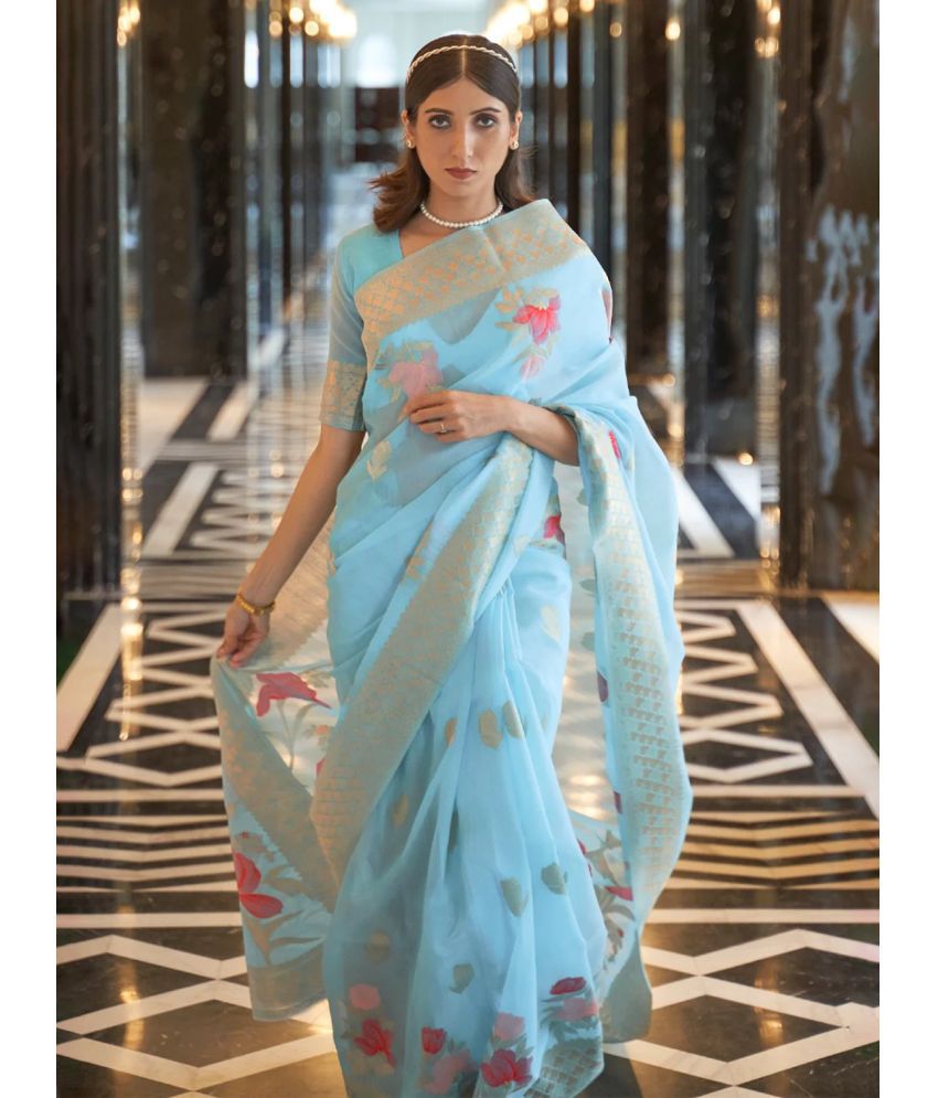     			Rangita Linen Woven Saree With Blouse Piece - Light Blue ( Pack of 1 )