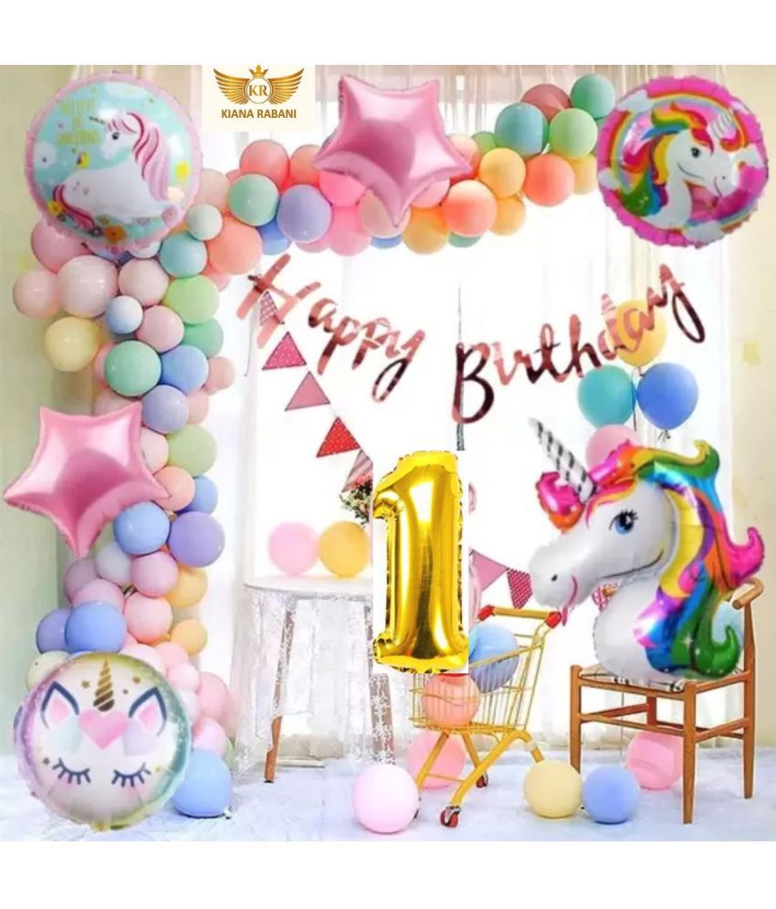     			KR 1ST HAPPY BIRTHDAY PARTY DECORATION WITH HAPPY BIRTHDAY BANNER ( 13 ), 30 MULTI COLOUR PASTEL BALLOON, 1 ARCH , 1 UNICORN, 2 PINK STAR, 2 ROUND SHAPE BALLOON, 1 NO. GOLD FOIL BALLOON