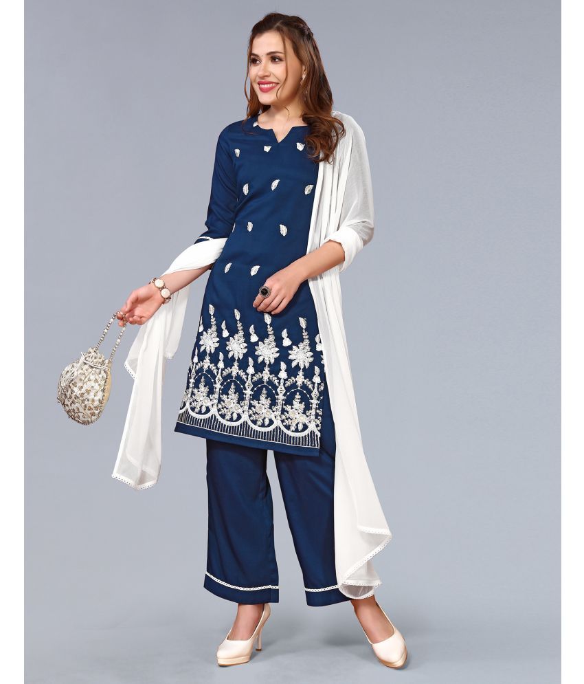     			Skylee Chiffon Embroidered Kurti With Pants Women's Stitched Salwar Suit - Navy ( Pack of 1 )