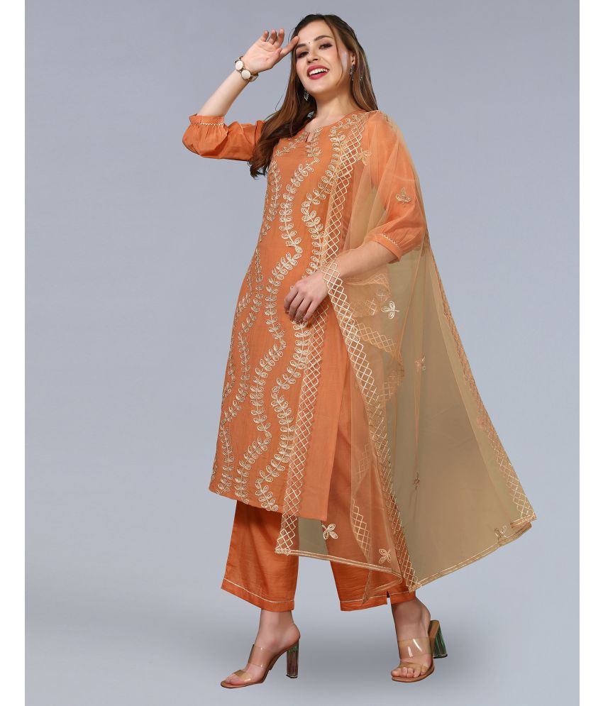     			Skylee Chiffon Embroidered Kurti With Pants Women's Stitched Salwar Suit - Orange ( Pack of 1 )