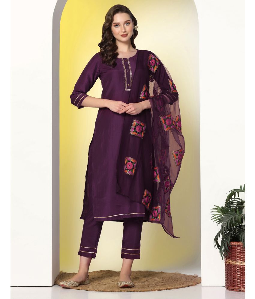     			Skylee Chiffon Solid Kurti With Pants Women's Stitched Salwar Suit - Wine ( Pack of 1 )