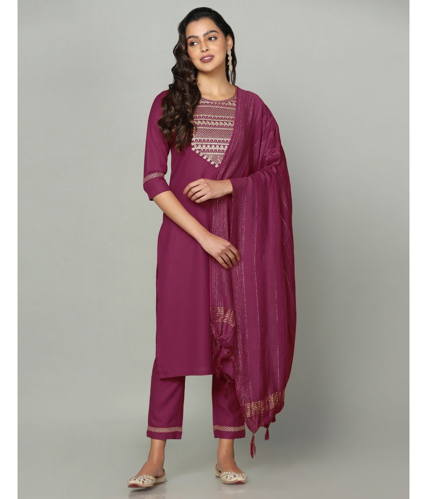     			Skylee Cotton Embroidered Kurti With Pants Women's Stitched Salwar Suit - Maroon ( Pack of 1 )