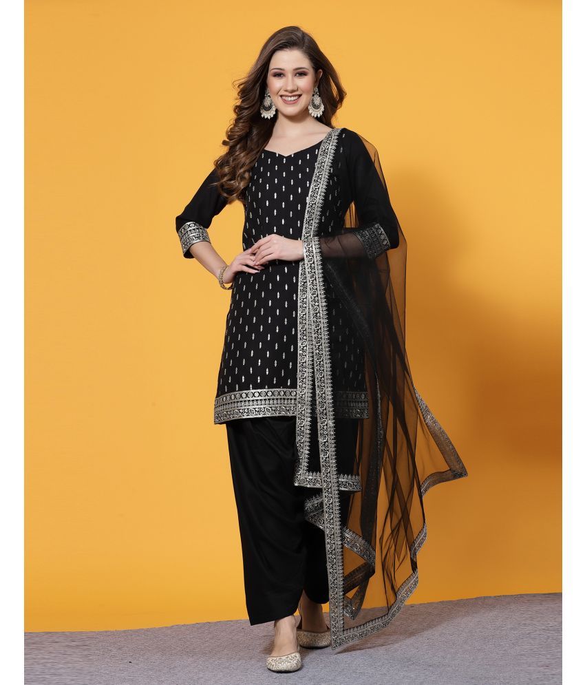     			Skylee Rayon Embroidered Kurti With Salwar Women's Stitched Salwar Suit - Black ( Pack of 1 )