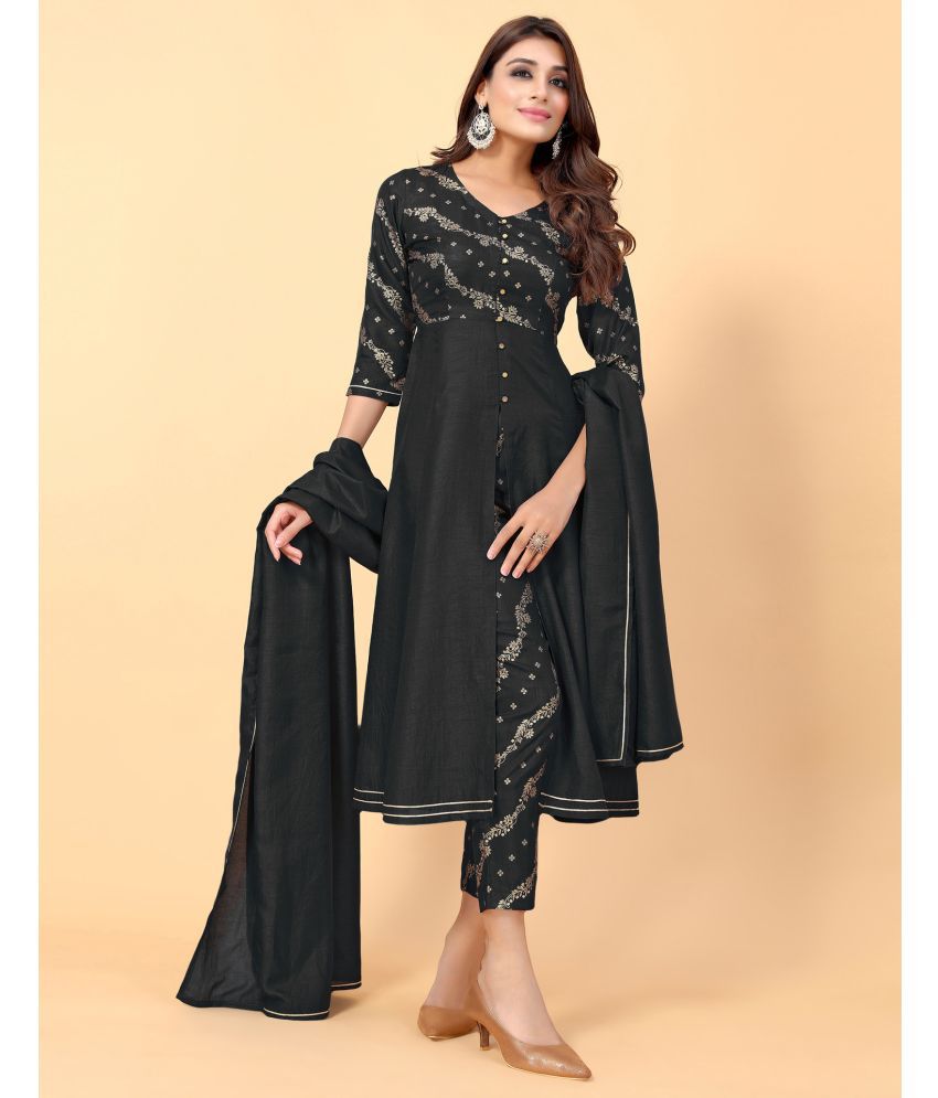     			Skylee Silk Printed Kurti With Pants Women's Stitched Salwar Suit - Black ( Pack of 1 )