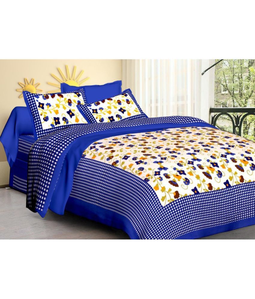     			CLOTHOLOGY Cotton Floral 1 Double Bedsheet with 2 Pillow Covers - Dark Blue