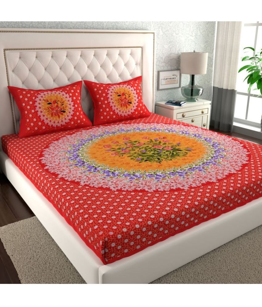     			CLOTHOLOGY Cotton Floral 1 Double Bedsheet with 2 Pillow Covers - Red