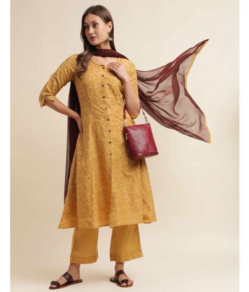     			Skylee Chiffon Printed Kurti With Pants Women's Stitched Salwar Suit - Mustard ( Pack of 1 )