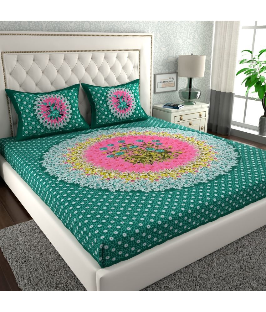     			CLOTHOLOGY Cotton floral 1 Double Bedsheet with 2 Pillow Covers - sea green