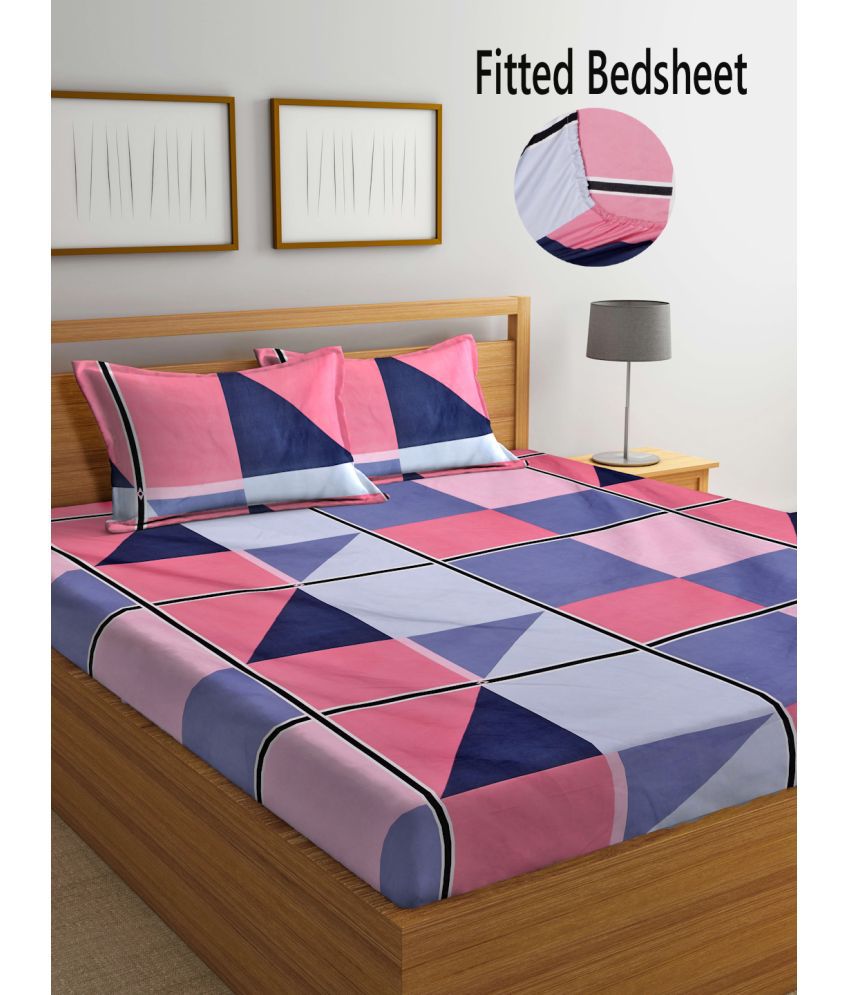     			FABINALIV Poly Cotton Geometric Fitted Fitted bedsheet with 2 Pillow Covers ( King Size ) - Pink