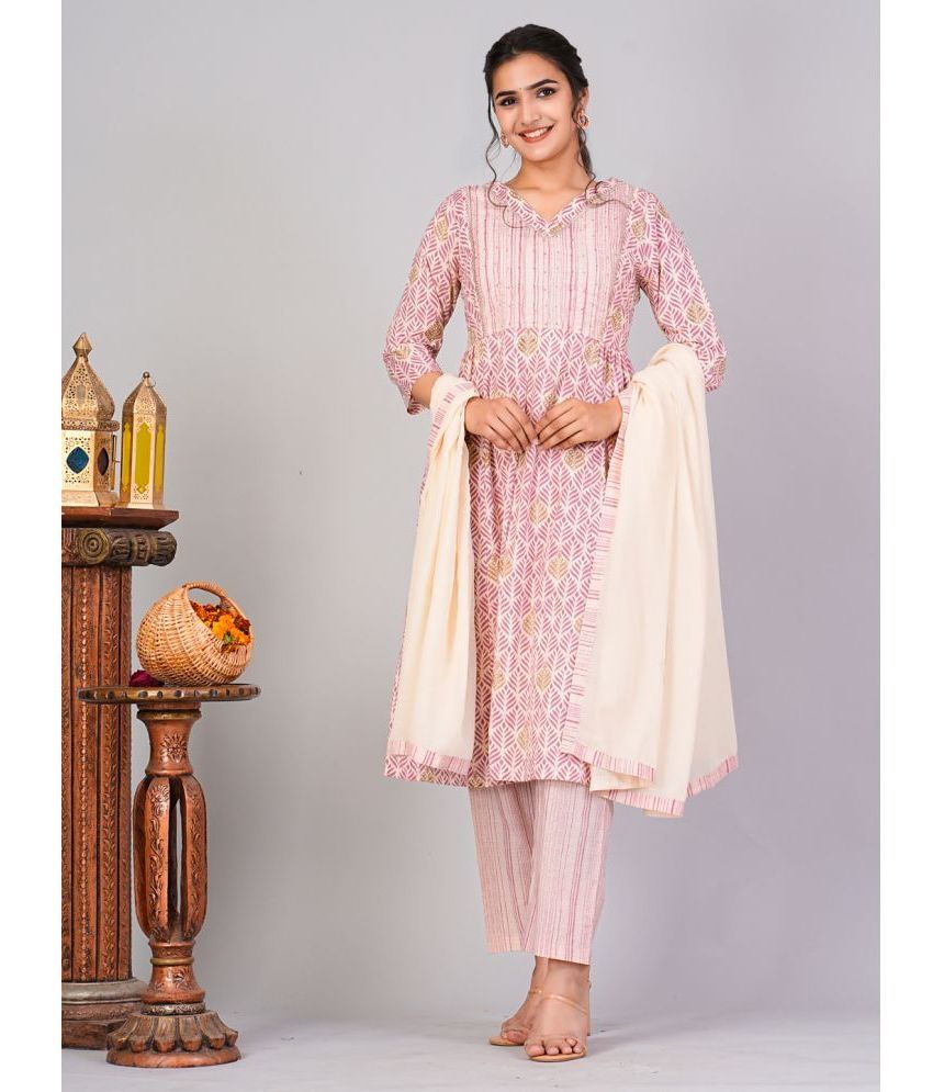     			Flamboyant Cotton Printed Kurti With Pants Women's Stitched Salwar Suit - Pink ( Pack of 1 )