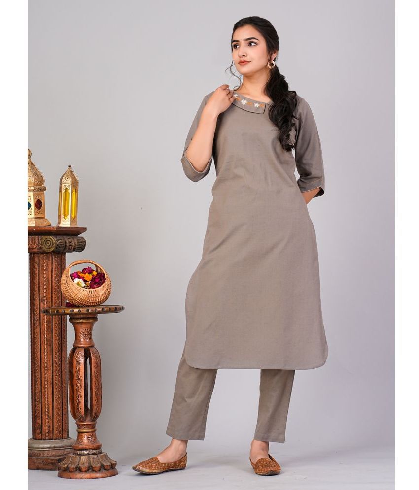     			Flamboyant Cotton Solid Kurti With Pants Women's Stitched Salwar Suit - Grey Melange ( Pack of 1 )