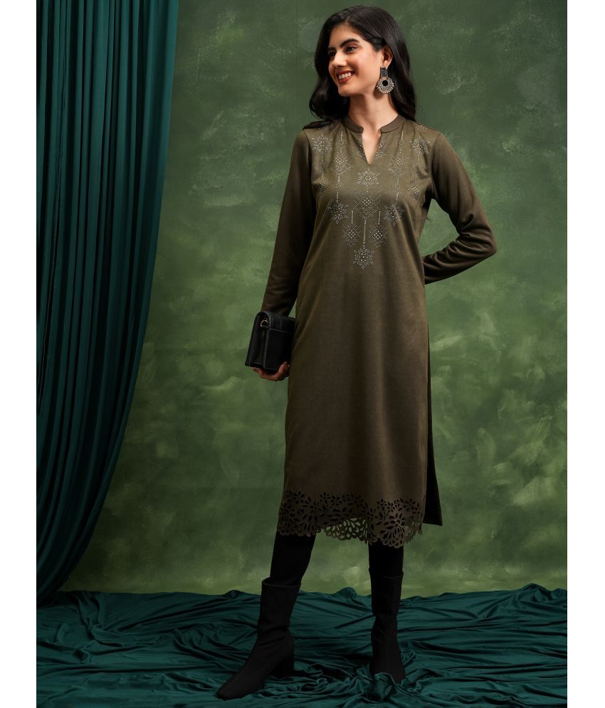     			Ketch Polyester Embellished Straight Women's Kurti - Olive ( Pack of 1 )