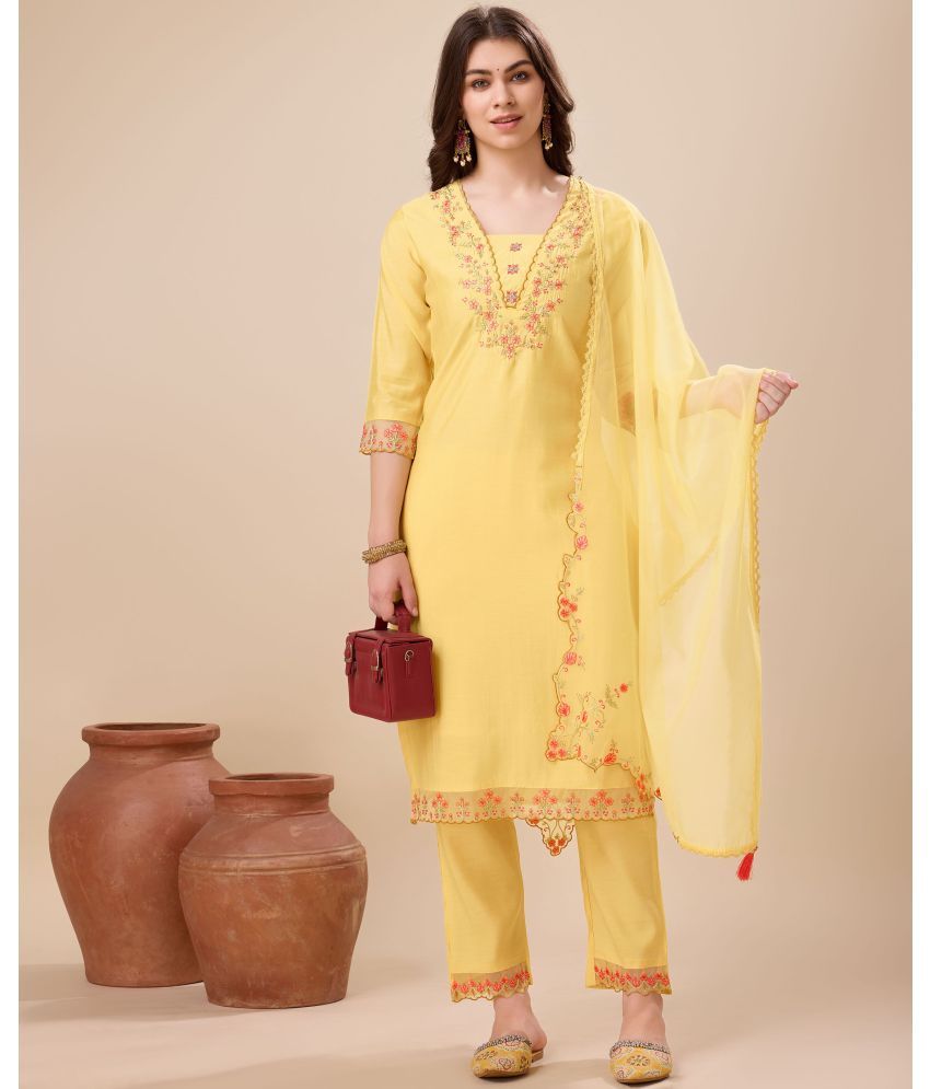     			MOJILAA Silk Embroidered Kurti With Pants Women's Stitched Salwar Suit - Yellow ( Pack of 1 )