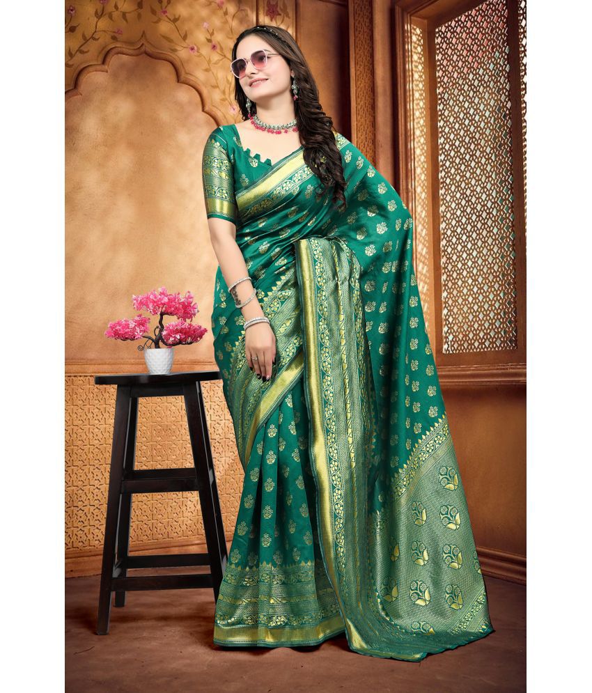     			Om Shantam Sarees Kanjivaram Silk Self Design Saree With Blouse Piece - Green ( Pack of 1 )