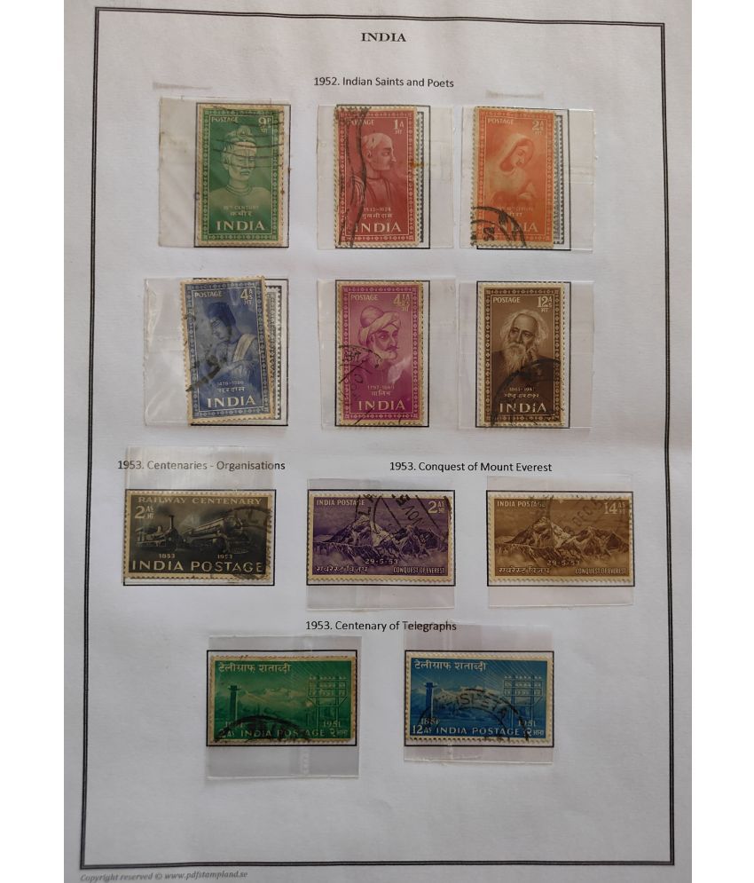     			Rare 4 Different Set of Stamps1952 Indian Saints and Poets,1953 Centenaries-Organisations, 1953 Conquest of Mount Everest, 1953 Centenary of Telegraphs Total 11 Stamps