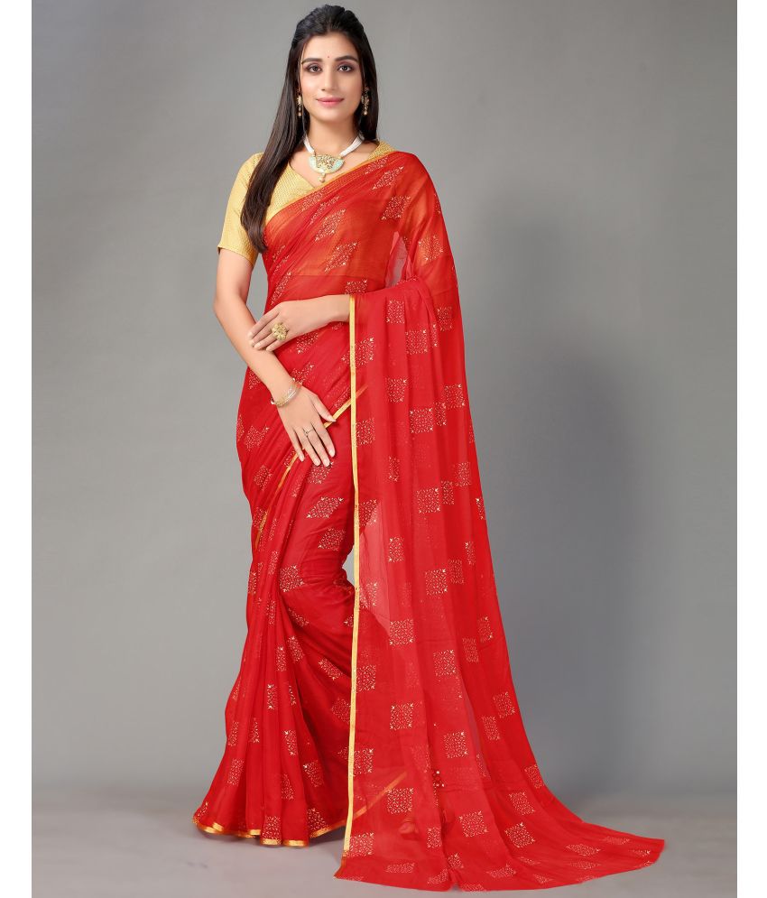     			Samah Chiffon Printed Saree With Blouse Piece - Red ( Pack of 1 )