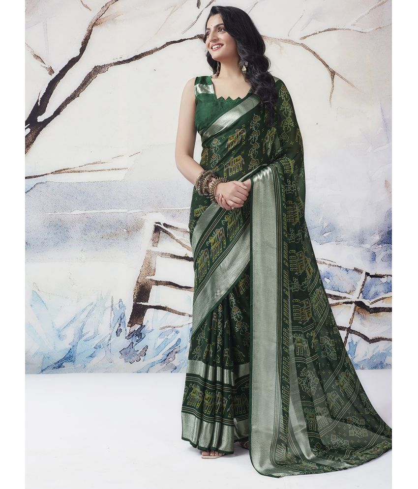     			Samah Chiffon Printed Saree With Blouse Piece - Green ( Pack of 1 )